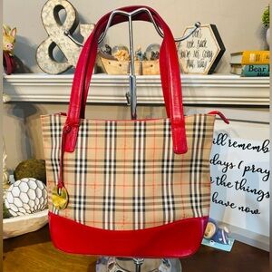 Burberry Tan and Red Nova Check Tote with red leather trim, and handle
